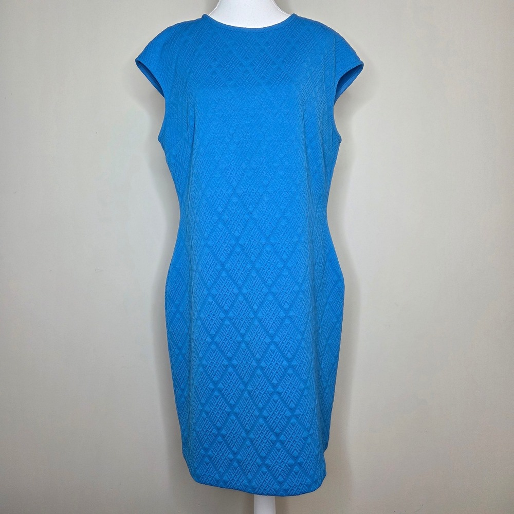 Donna Morgan Blue Diamond Quilted Sheath Dress‎ Womens 16 Cap Sleeve Exposed Zip